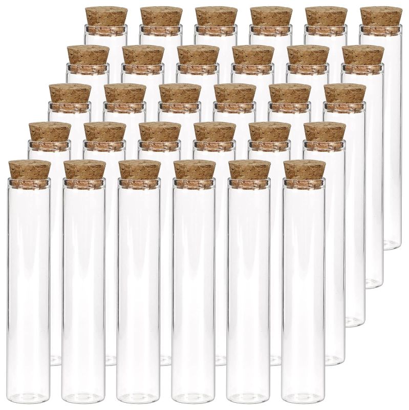 Photo 1 of DEPEPE 30pcs 25ml Glass Test Tubes, 20×100mm Clear Flat Test Tubes with Cork Stoppers for Plants, Scientific Experiments, Bath Salt and Candy Storage
