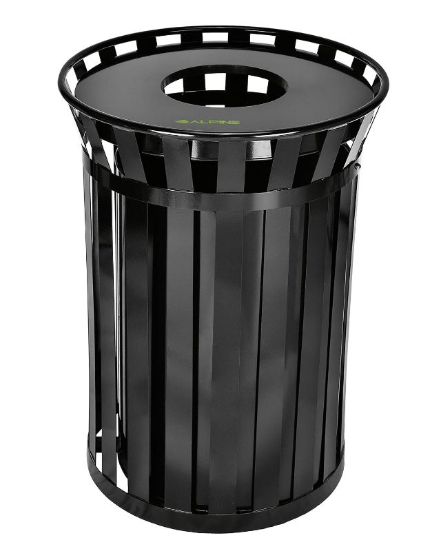 Photo 1 of Alpine Commercial Outdoor Trash Can - 38 Gallon Heavy Duty Metal Garbage Can with Lid & Liner, All Weather Resistant Large Outside Trash Can Used in Park, School. Parking, Beach (Black - Open Top)
