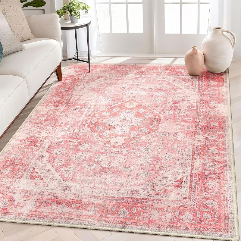 Photo 1 of MUJOO Pink Rugs for Bedroom 5x7 Area Rugs Girls Boho Rugs for Living Room Washable Rug Non Slip Throw Carpet for Bedside Dorm Dining Room Indoor Soft Light Pink Floral Home Decor
