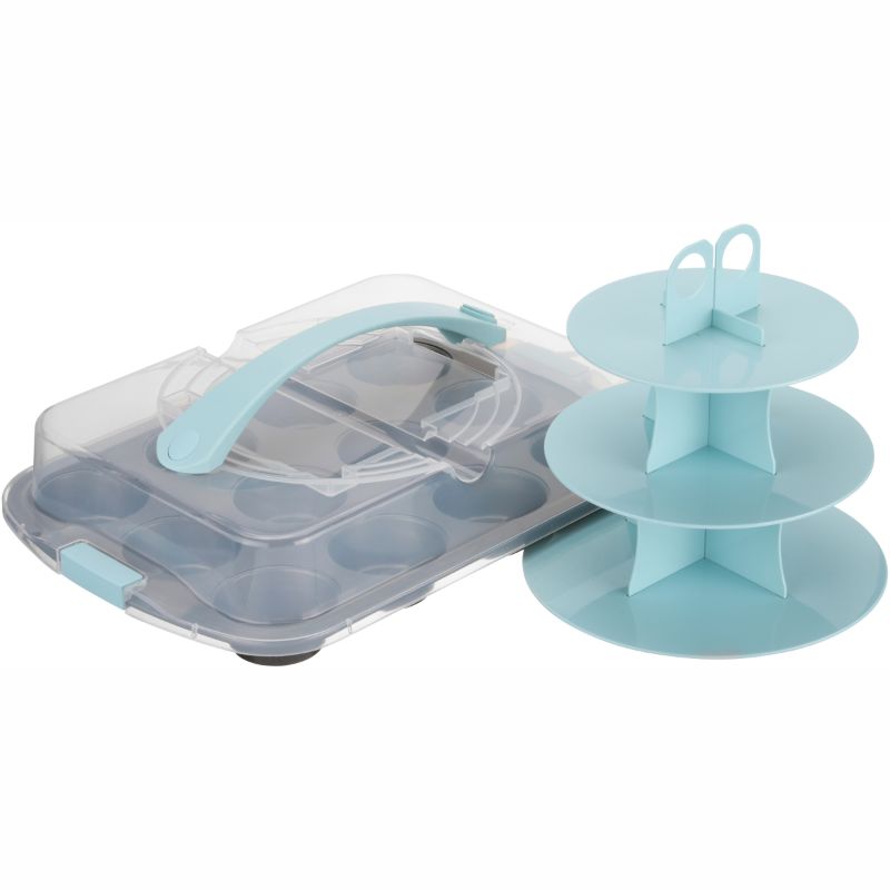 Photo 1 of GoodCook Sweet Creations 12-Cup Cupcake Pan Bundle with BPA-Free Lid and Display Stand Light Blue/Silver