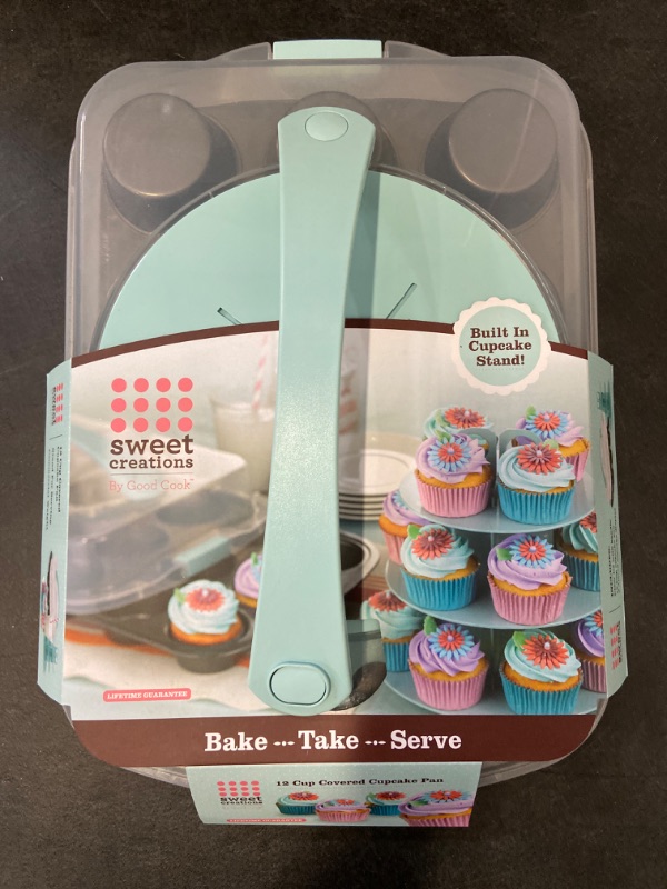 Photo 2 of GoodCook Sweet Creations 12-Cup Cupcake Pan Bundle with BPA-Free Lid and Display Stand Light Blue/Silver