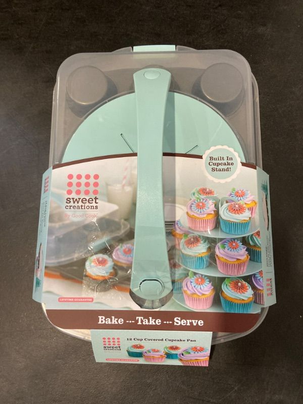 Photo 3 of GoodCook Sweet Creations 12-Cup Cupcake Pan Bundle with BPA-Free Lid and Display Stand Light Blue/Silver