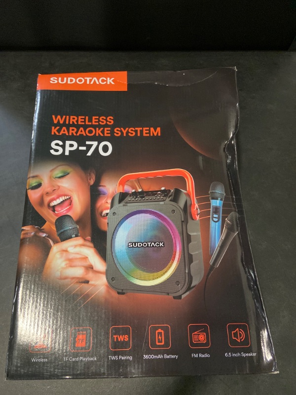 Photo 2 of SUDOTACK Karaoke Machine with 2 Wireless Microphones, Bluetooth Party Karaoke Speaker for Adults and Kids with Party Lights Supports TF/USB, AUX in, FM, REC, TWS for Karaoke, Party, Birthday(SP-70B)