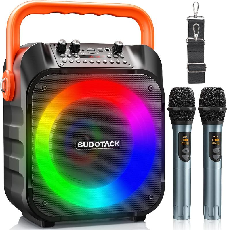 Photo 1 of SUDOTACK Karaoke Machine with 2 Wireless Microphones, Bluetooth Party Karaoke Speaker for Adults and Kids with Party Lights Supports TF/USB, AUX in, FM, REC, TWS for Karaoke, Party, Birthday(SP-70B)