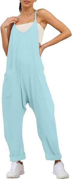 Photo 1 of (S) AUTOMET Jumpsuits for Women Casual Summer Rompers Sleeveless Loose Spaghetti Strap Baggy Overalls Jumpers with Pockets 2024