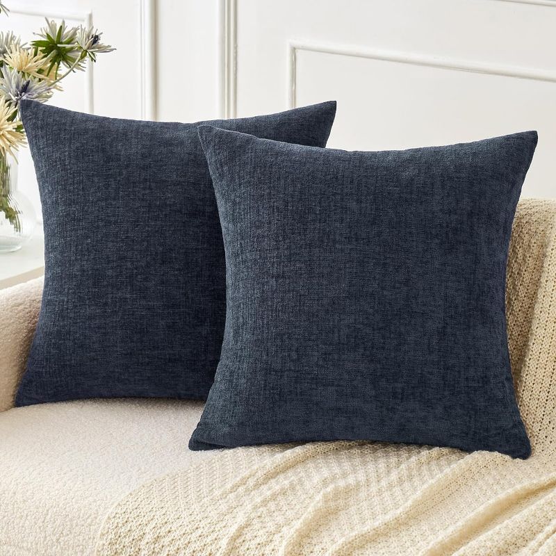 Photo 1 of Pack of 2 Couch Throw Pillow Covers 18x18 Inch Soft Navy Blue Chenille Pillow Covers for Sofa Living Room Solid Dyed Pillow Cases