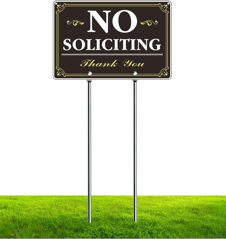 Photo 1 of No Soliciting Sign for House 12" x 8" Large No Soliciting Yard Signs with 16" Long Stakes Weather Resistance No Fade Aluminum Metal