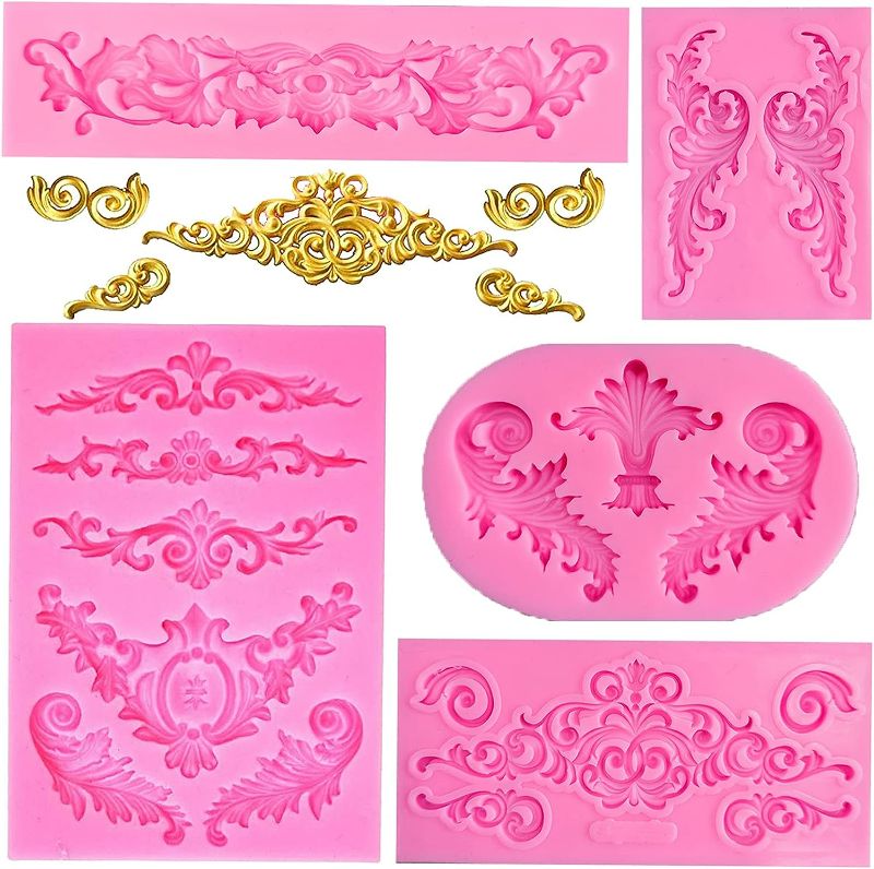 Photo 1 of 5 Pcs Baroque Style Curlicues Scroll Lace Fondant Silicone Mold, Relief Flower Lace Mould Filigree Mold 3D Sculpted Decoration, Cupcake Topper, Jewelry, Polymer Clay, Crafting Projects
