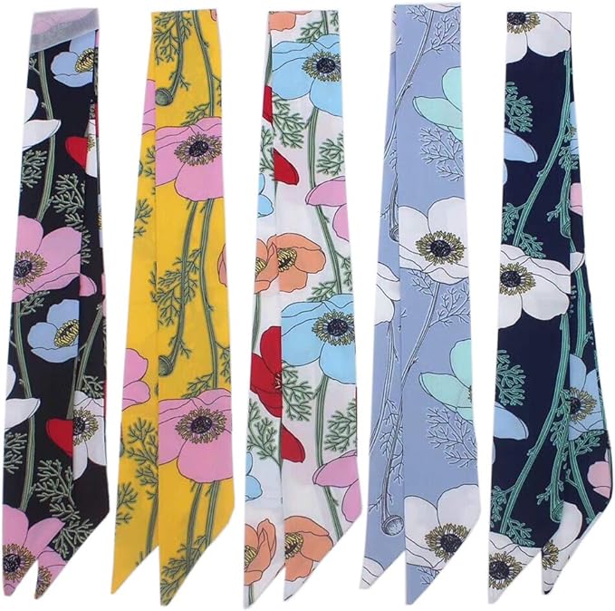 Photo 1 of 5pcs Branches and Flowers Pattern Bag Handbag Handle Ribbon Scarf Hair Head Band Neck Scarf Neckerchief Scarf Head Wrap for Women Girls