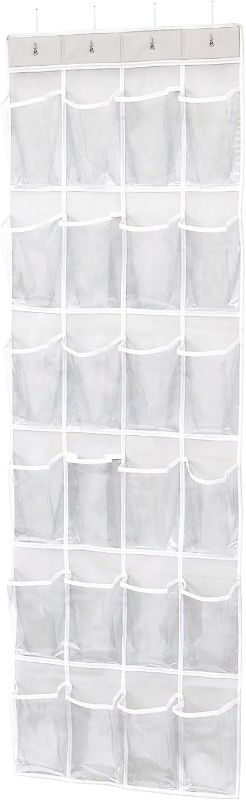 Photo 1 of ManGotree Over the Door Shoe Organizer, Clear Hanging Shoe Rack Holder with 24 Pockets, Foldable Shoe Storage for Slippers, Sandals, High Heels, Sneakers or Accessories (White)