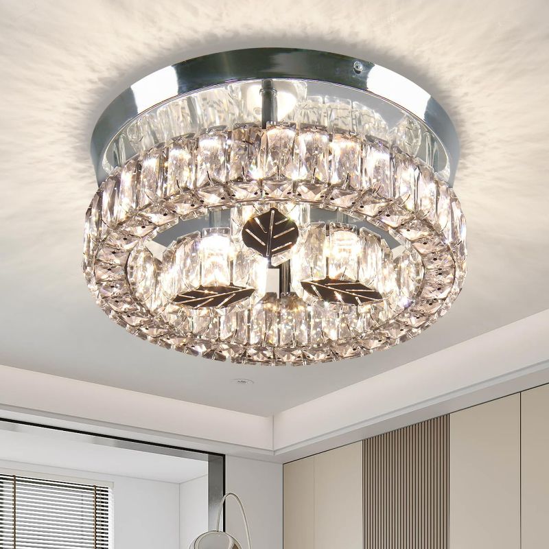 Photo 1 of Finktonglan 11.6” Crystal LED Ceiling Light Flush Mount Modern Stainless Steel Leaf Crystal Chandelier Round Ceiling Lamp Light Fixture for Dining Room Living Room 30W(Multi Color)