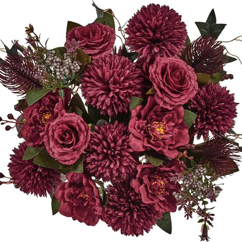 Photo 1 of 24 Heads Premium Artificial Flowers, Burgundy Silk Flower Peony Bouquets, Faux Flowers Roses Bulk Decoration, Arrangements for Wedding -Home Decor