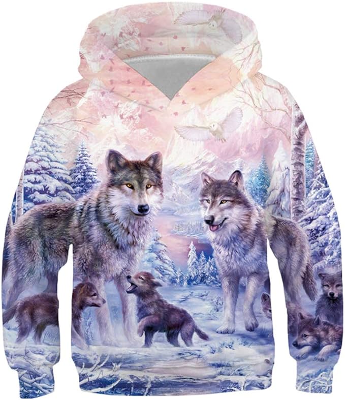 Photo 1 of Size Large - KYKU Wolf Hoodie for Kids 3D Print Pink Wolves Sweatshirt for Boys Teen Pullover Sweatshirts 6-16 Years with Pocket