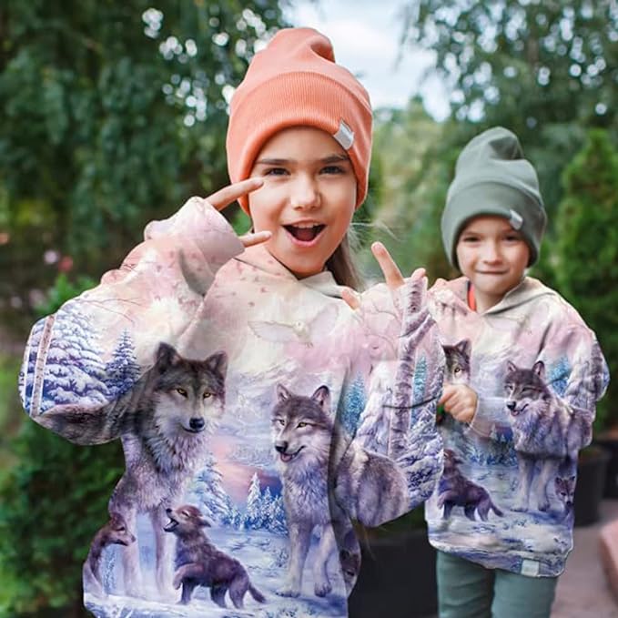 Photo 2 of Size Large - KYKU Wolf Hoodie for Kids 3D Print Pink Wolves Sweatshirt for Boys Teen Pullover Sweatshirts 6-16 Years with Pocket