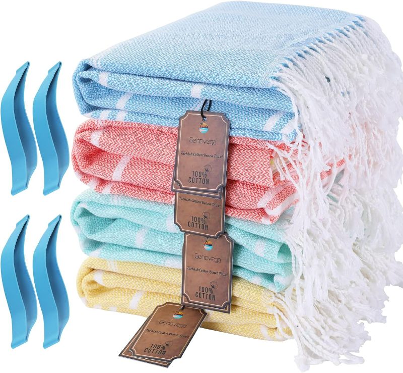 Photo 1 of Genovega 4 Packs Cotton Turkish Beach Towels Set Bulk Oversized Extra Large Quick Dry Sand Free Bathroom Pool Swim Towel for Adult Travel Essentials Cruise Accessories Must Haves Clearance Multipack