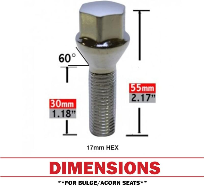 Photo 1 of 14 Pieces - Wheel Accessories Parts Set of 14 Chrome 12x1.5 Lug Bolts Conical Seat with 17mm Hex, 30 mm Shank Length, Acorn Seat Lug Bolt Designed for Aftermarket Wheels