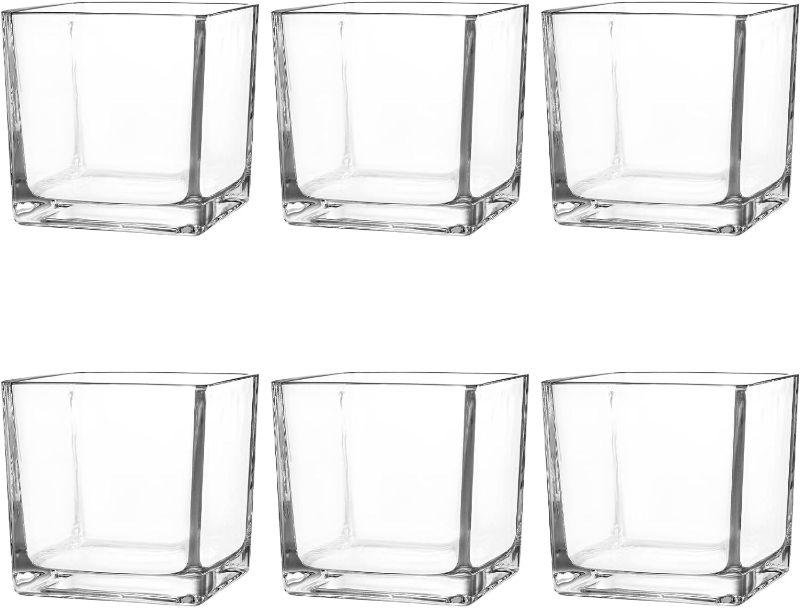Photo 1 of Set of 6 Square Glass Vases 4" x 4" x 4", Clear Flower Vase, Plant Terrarium, Candle Holder for Wedding Centerpiece, Office Decorations, Home Décor, Parties and Events