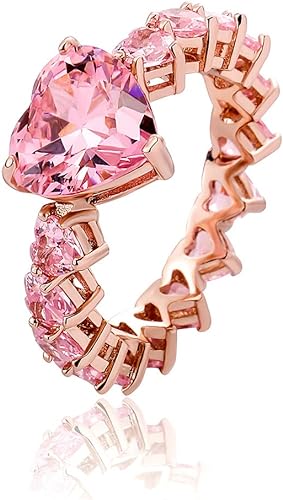Photo 1 of TOPGRILLZ Pink Heart Baguette Rings 14K Gold Silver Plated 5A+ Cubic Zirconia Iced Out Bling Promise Wedding Band Love Rings For Women Fashion