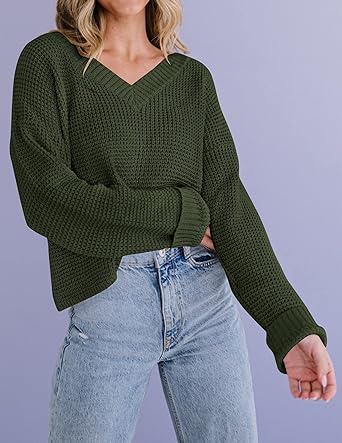 Photo 1 of Size Small - MIROL Women's Waffle Knit Cropped Top V Neck Long Sleeve Pullover Sweater Casual Solid Crop Sweatshirts