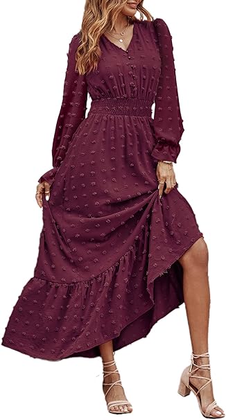 Photo 1 of Size L - Women Boho Maxi Dress 2024 Long Sleeve V Neck Swiss Dot Smocked High Waisted A-Line Ruffle Tiered Long Dress