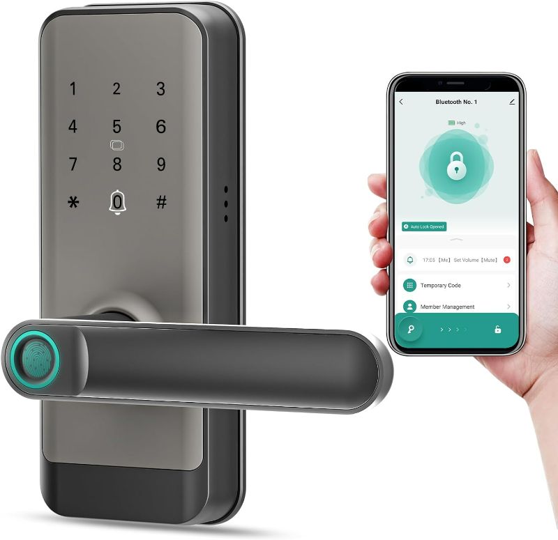 Photo 1 of Smart Lock, Smart Door Lock with Handle, Fingerprint Door Lock, Keyless Entry Door Lock, Digital Keypad Deadbolt, Bluetooth Electronic Door Lock with APP Control for Front Door (Matte Grey)