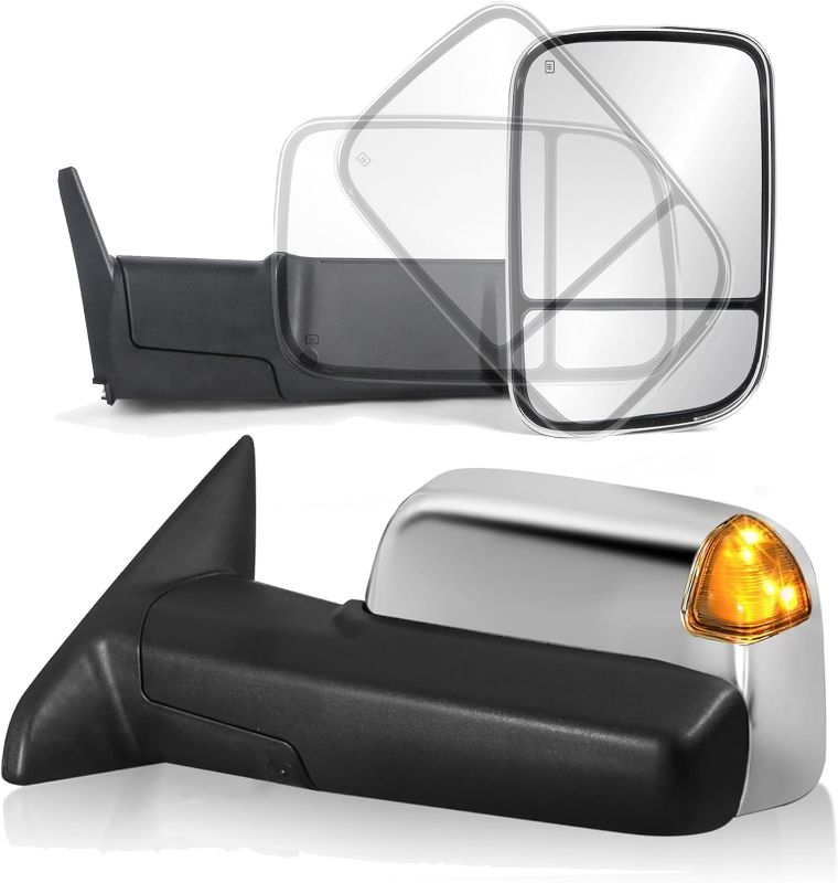 Photo 1 of Pair Power Heated Towing Mirrors Compatible for 1998-2001 Dodge 1500 1998-2002 Ram 2500 3500 w/Amber Turn Signal Light Side Tow Mirror Manual Telescoping Fold (Chrome)