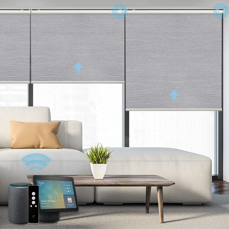 Photo 1 of SmartWings Motorized Roller Shades, Auto Smart Window Blinds 100% Blackout with Zigbee Motor Alexa, Cordless Remote Control Rechargeable, Light Grey, W30 xH72