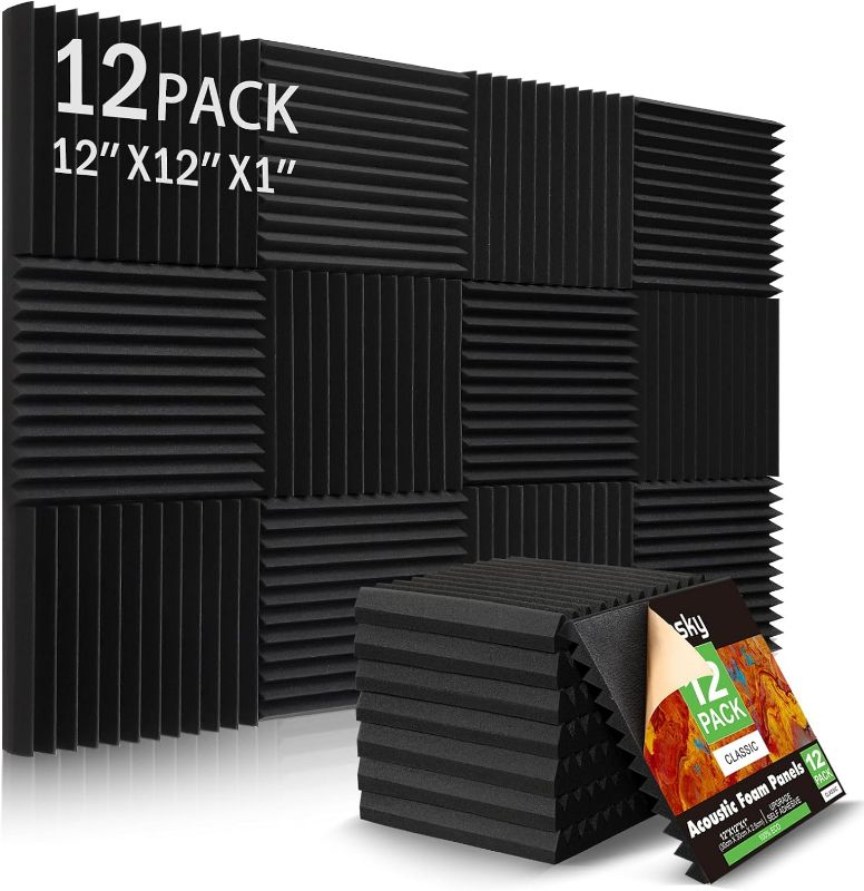 Photo 1 of 12 Pack Sound Proof Foam Panels Studio Acoustic Foam Panels,1" X 12" X 12"Soundproof Wall Panels With Self-Adhesive,Fire-Proofed Soundproofing Wedges,Acoustic Treatment Foam for Home -Black