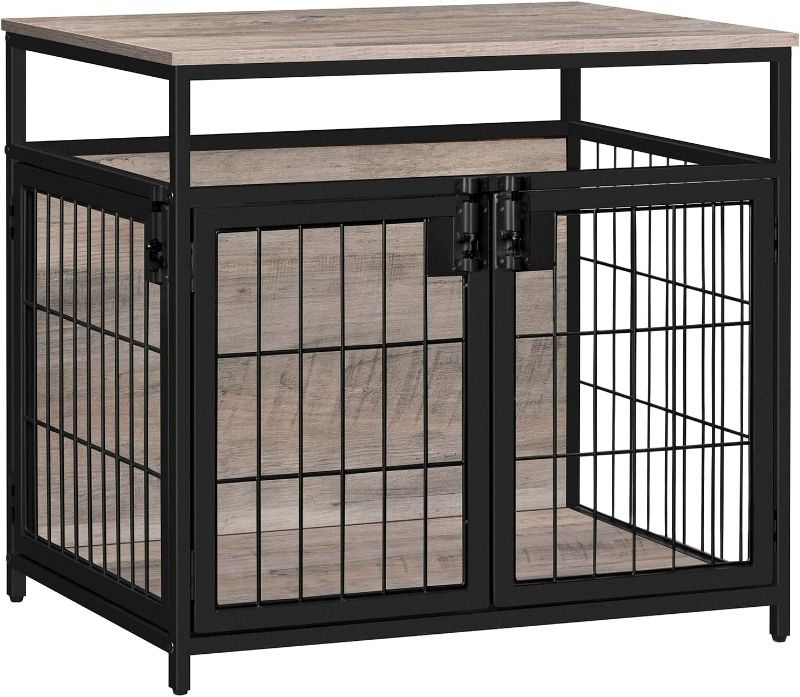 Photo 1 of HOOBRO Dog Crate Furniture, 25.1 Inches Wooden Dog Crate, Dog Kennels indoor with 3 Doors, Decorative Pet House End Table, for Small/Medium Dog, Chew-Resistant, Greige and Black BG63GW03