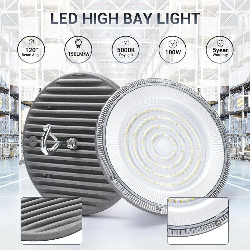Photo 1 of 100W UFO Led High Bay Light(5 Pack),IP66 Waterproof,100-277v,15050LM 5000K Daylight Area Lighting,450W MH/HPS With Plug Commercial Bay Lighting For Warehouse/Shop/Workshop/Garage/Barn/Gym/Factory