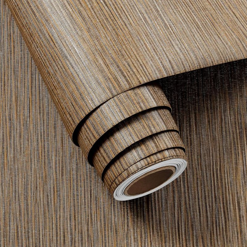 Photo 2 of FunStick 24"x394" Textured Tan Brown Wallpaper Peel and Stick Grasscloth Wallpaper for Bedroom Bathroom Thick Removable Brown Contact Paper Peel and Stick Wallpaper for Cabinets Living Room Cubicle