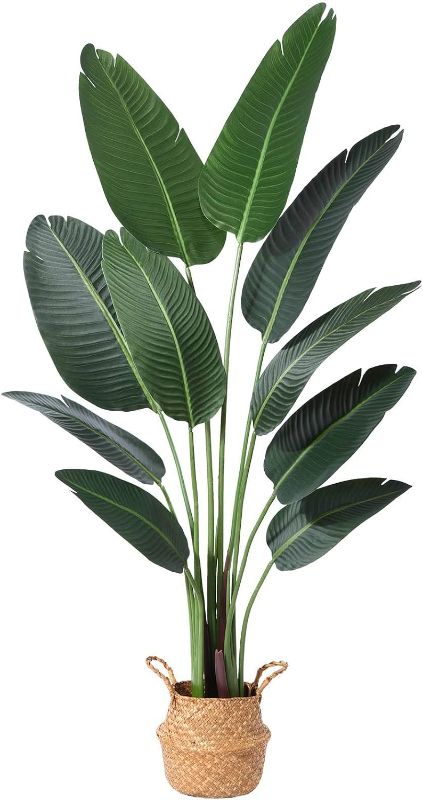 Photo 1 of Artificial Bird of Paradise Plants 5Ft Fake Tropical Palm Tree with 10 Trunks in Pot and Woven Seagrass Belly Basket Perfect Faux Plant for Home Indoor Outdoor Office Modern Decor Green