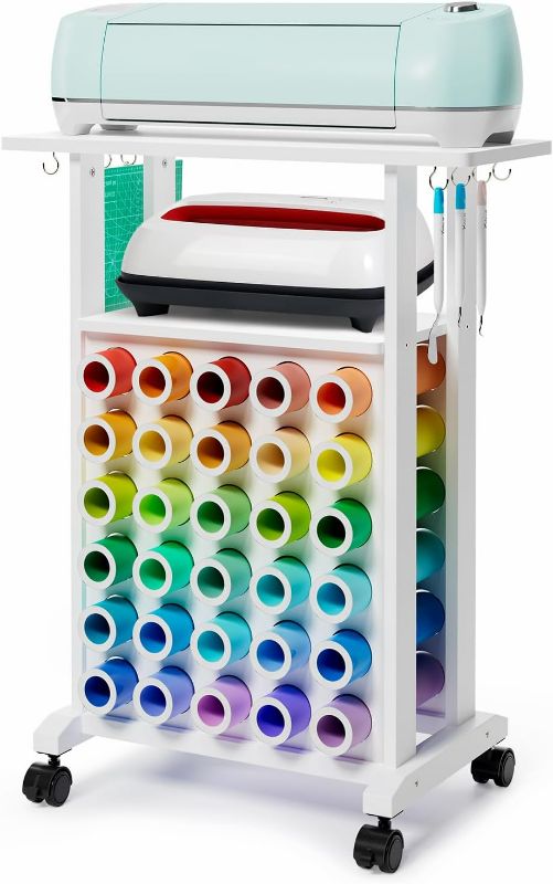 Photo 1 of Organizers and Storage Compatible with Cricut Machines, Rolling Craft Storage Cart with 30 Vinyl Roll Holders, Crafting Table Organization Workstation for Craft Room Home - Compact Removable