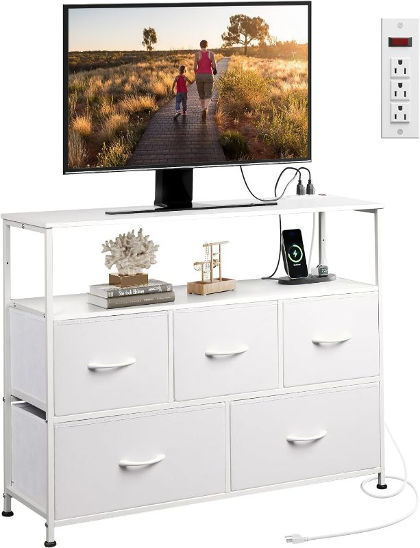 Photo 1 of WLIVE White Dresser TV Stand for Bedroom Decor with Power Outlet, Chest of Drawers Fabric Dressers with Open Shelves for 45 inch TV, Entertainment Center Dresser for Closet, Living Room, Hallway