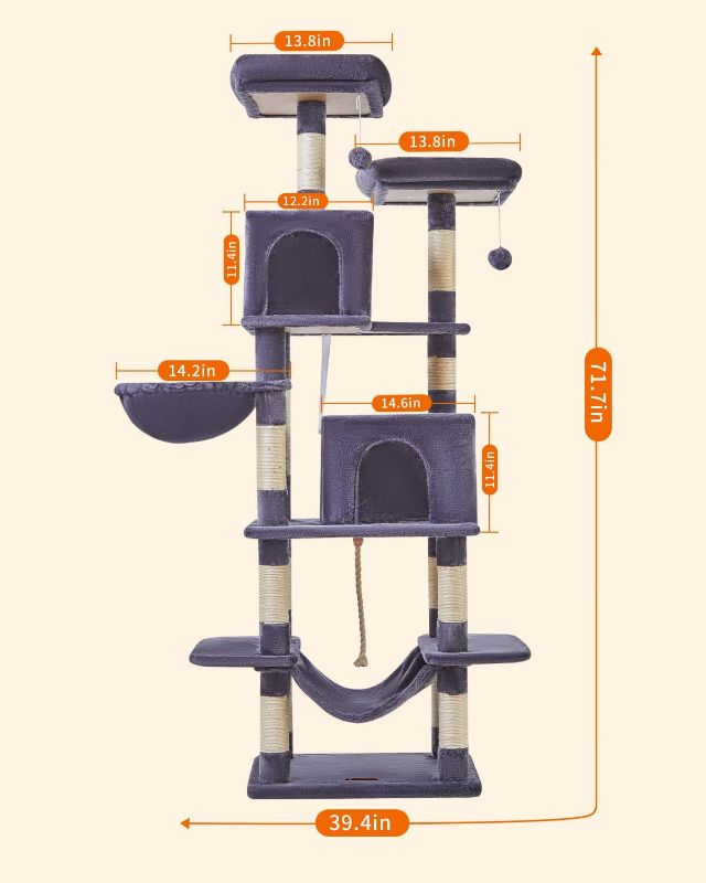 Photo 2 of Cat Tree, 71.7-Inch Cat Tower for Indoor Cats, Plush Multi-Level Cat Condo with 13 Scratching Posts, 2 Perches, 2 Caves, Hammock, 2 Pompoms,Smoky Gray MS013LG