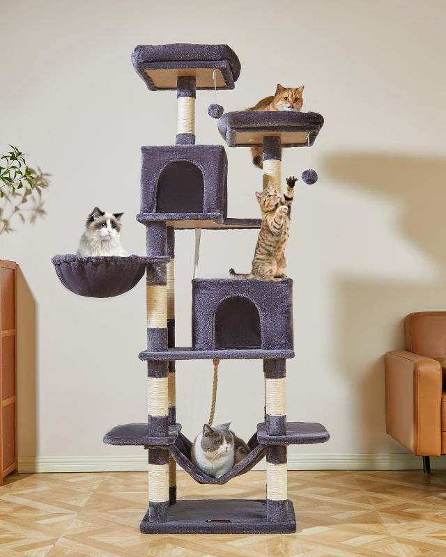 Photo 1 of Cat Tree, 71.7-Inch Cat Tower for Indoor Cats, Plush Multi-Level Cat Condo with 13 Scratching Posts, 2 Perches, 2 Caves, Hammock, 2 Pompoms,Smoky Gray MS013LG