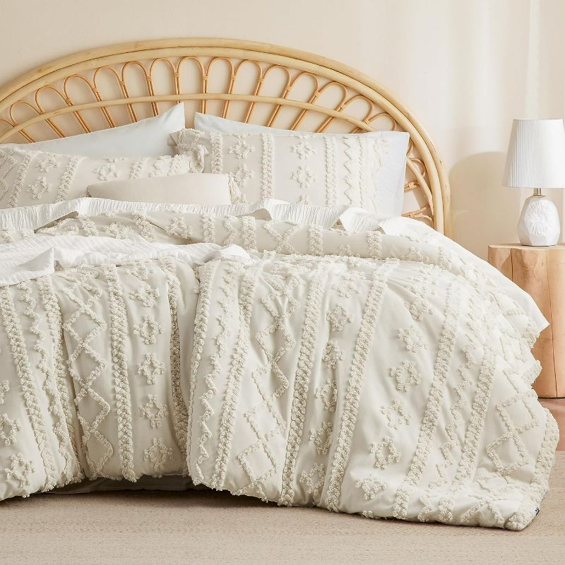 Photo 1 of Bedsure Tufted Boho Comforter Set Queen - Beige Boho Bedding Comforter Set, 3 Pieces Farmhouse Shabby Chic Embroidery Bed Set, Soft Jacquard Comforter for All Seasons