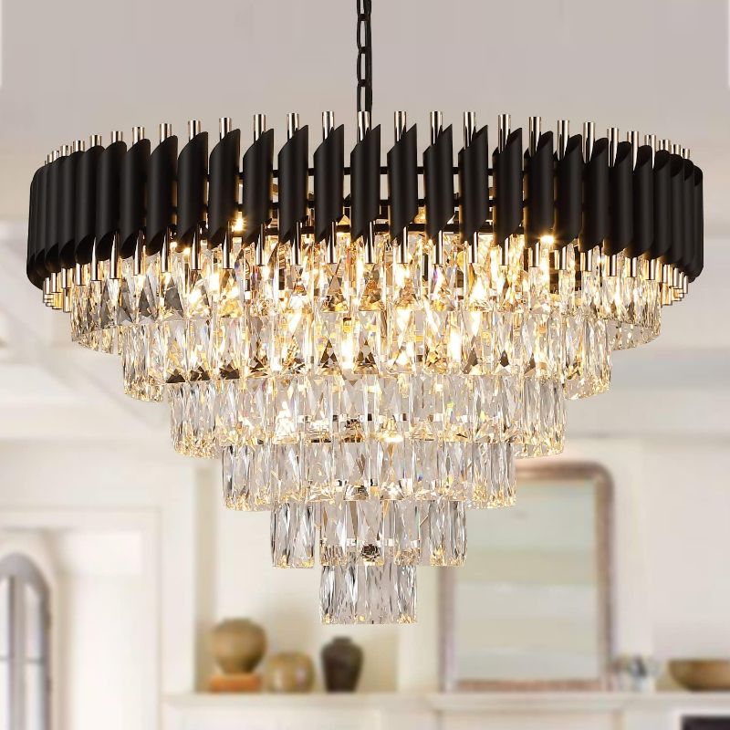 Photo 1 of AXILIXI Black and Gold Crystal Chandeliers 30” Modern Dining Room Chandelier Round 6 Tiers K9 Crystal Large Pendant Light Fixtures for Entryway Foyer Stairwell Living Room