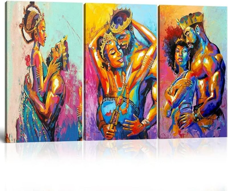 Photo 1 of African American Wall Art for Bedroom Black King and Queen Canvas Paintings Wall Decor Egyptian Crown Black Lovers Print Pictures for Living Room Bathroom Home Ready to Hang (24''H x 36''W)