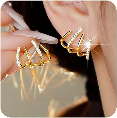 Photo 1 of PANSHI Sterling Silver Post Cubic Zirconia Half Hoop Stud Earrings Looks Like 4 Gold Hoop Earrings for Women