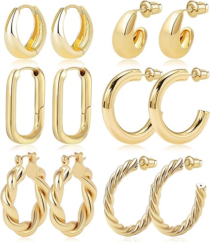 Photo 1 of Gold Hoop Earrings Set 14k Gold Plated Huggie Earrings Hypoallergenic Chunky Thick Jewelry for Multiple Piercing Christmas Gift for Women Girls