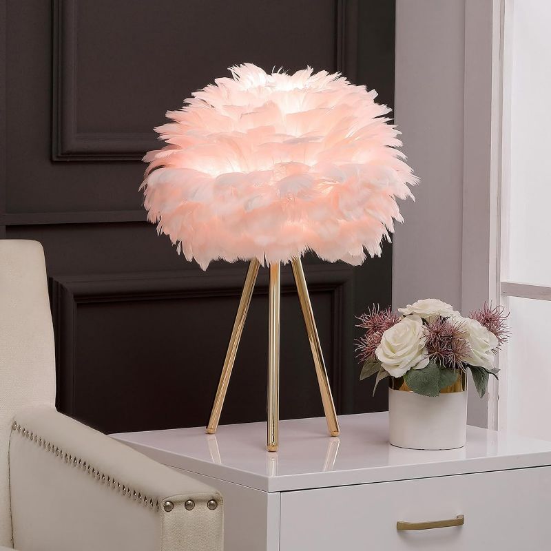 Photo 1 of Pink Feather Lamp Tripod Lamp for for Girls Bedrooms Living Room Aesthetic Decor Desk Lamp Unique Bedside Lamps Gold Large Table Lamp (Tripod lamp - Pink)