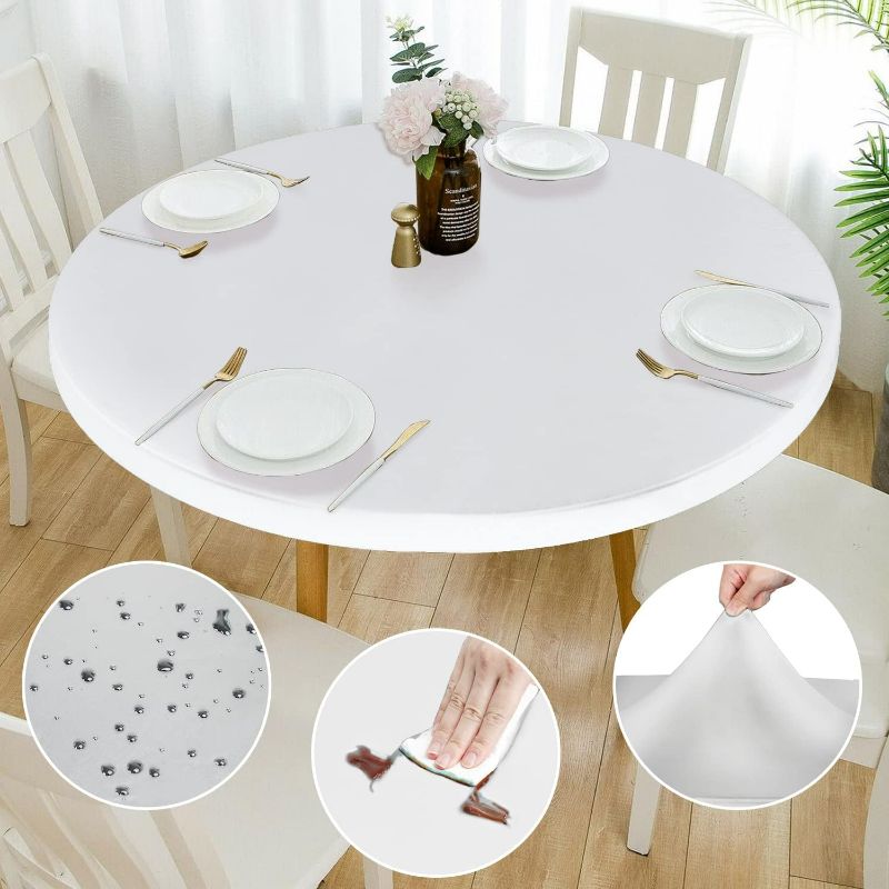 Photo 1 of Double Fitted Design PU Round Fitted Tablecloth, Anti-Tear Wipeable Elastic Round Tablecloth, Soft-Touch Fitted Table Cloth, Waterproof Oil-Proof Table Cover (White, 45"-48" Round)