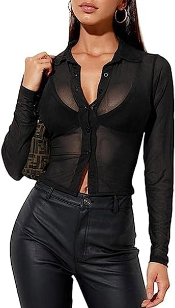 Photo 1 of (M) Remidoo Women's Sexy Sheer Mesh Button Down Long Sleeve Crop Top Blouse Shirt