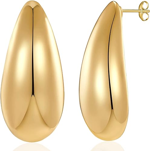 Photo 1 of Chunky Gold Hoop Earrings for Women, Lightweight Teardrop Hoops Earrings with 18K Real Gold Plated, Hypoallergenic Earrings Waterdrop Hollow Open Jewelry for Women