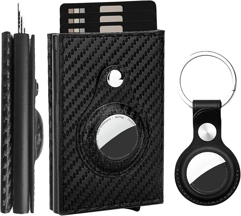 Photo 1 of AirTag Wallet Men with Airtag Holder, Slim Carbon Fiber Pop Up Cardholder Wallet with ID Window, RFID Blocking & Air Tags Keychain (Apple AirTag Not Included)