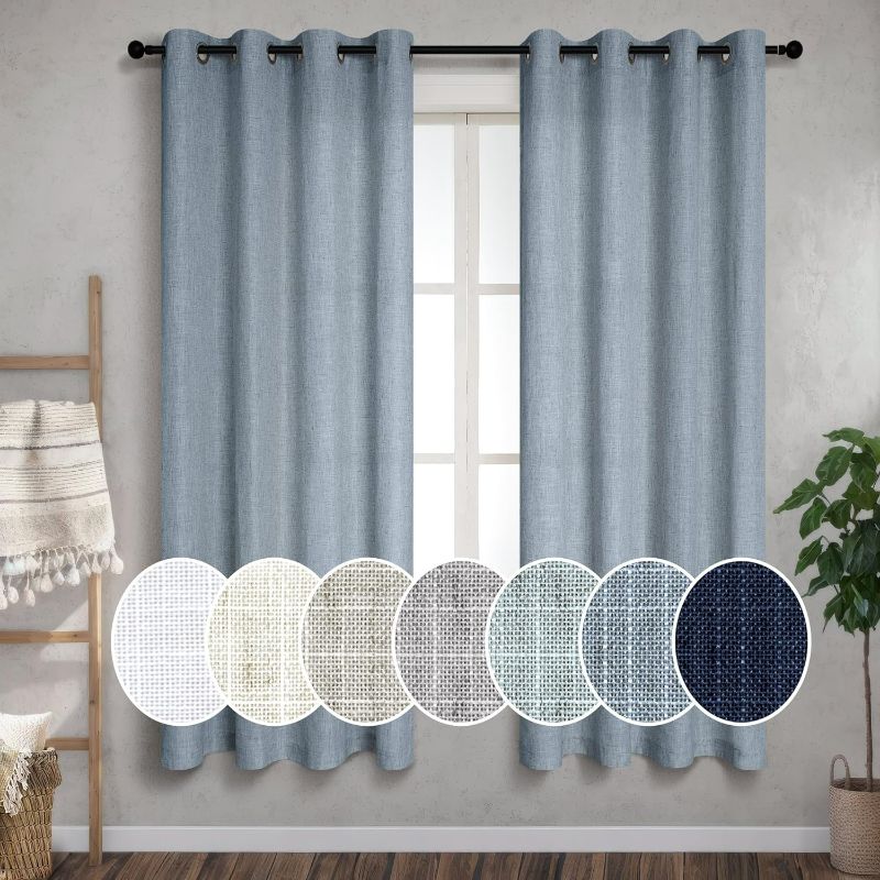 Photo 1 of Blue Sheer Curtains 63 Inch Length for Living Room 2 Panels Home Fashion Semi Blackout Linen Curtains for Bedroom Kitchen Dusty Grey Country Blue