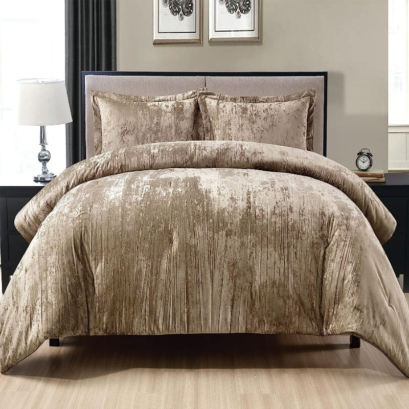 Photo 1 of King - Crinkle Velvet Comforter Set, 3 Pieces Khaki King, Crinkle Velvet Face and Brushed Microfiber Reverse