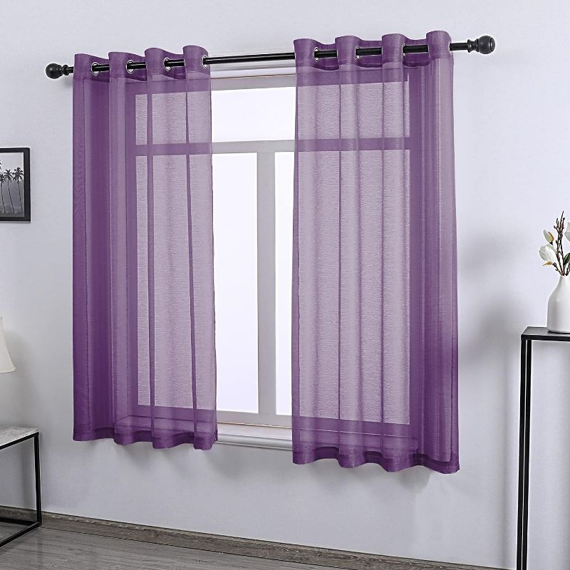 Photo 1 of  Semi Sheer Curtains Purple 63 Inch Length for Bedroom - Set of 2 Panels Window Textured Sheer Curtain Panels for Living Room W 52 x L 63 Inches Long Purple