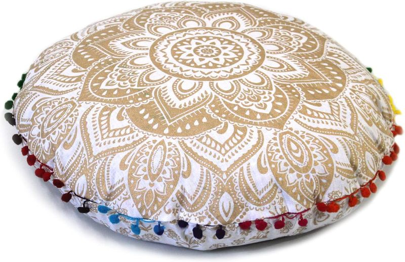 Photo 1 of Gold Mandala Barmeri Large Floor Pillow Cover Cushion Meditation Seating Ottoman Throw Cover Hippie Decorative Zipped Bohemian Pouf Ottoman Poufs, Pom Pom Pillow Cases (White Gold